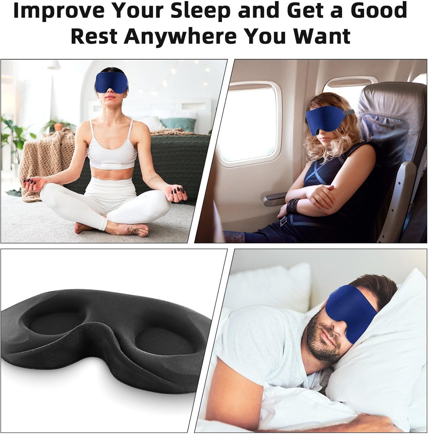 Sleep Mask for Men Women ，Zero Eye Pressure 3D Sleeping Mask with Contoured Padding Lightweight Sleep Eye Mask with Adjustable Elastic Strap for Traveling (Navy)