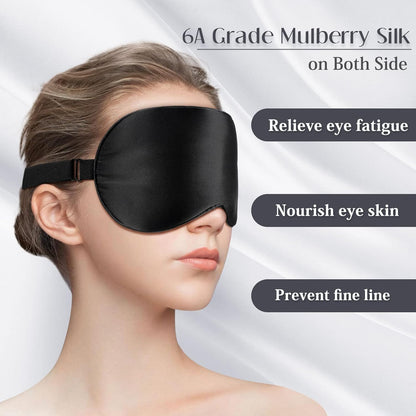 Mulberry Silk Sleep Eye Mask Blindfold with Adjustable Strap, Soft Eye Cover for Women Men Night Sleeping, Travel, Nap(Black)